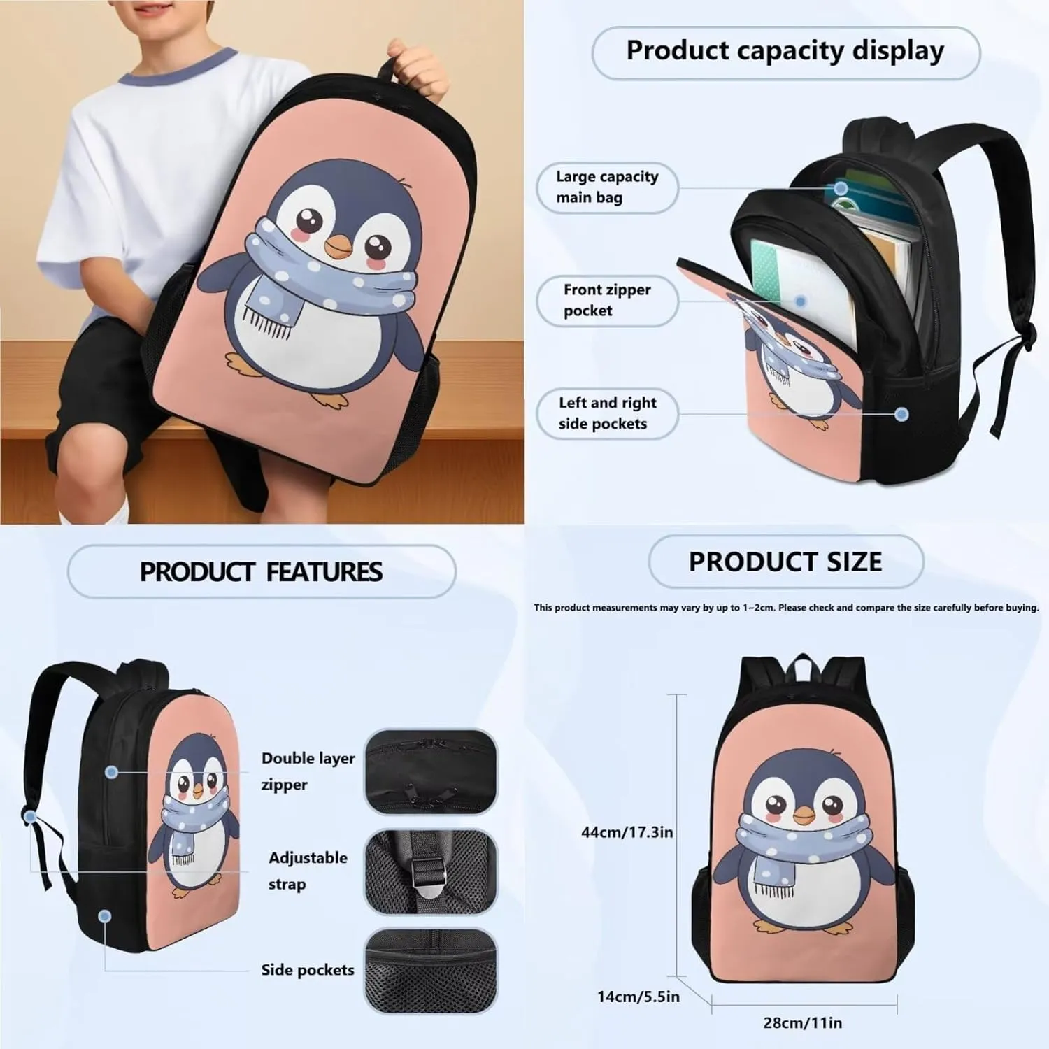 Poceacles Toddler Backpack Lunchbox Set of 3 Cute Girls Backpack with Lunch Box Pencil Case Preschool Elementary School Kids Bookbag 17 inch Teens Children School Bag, Cartoon Penguin