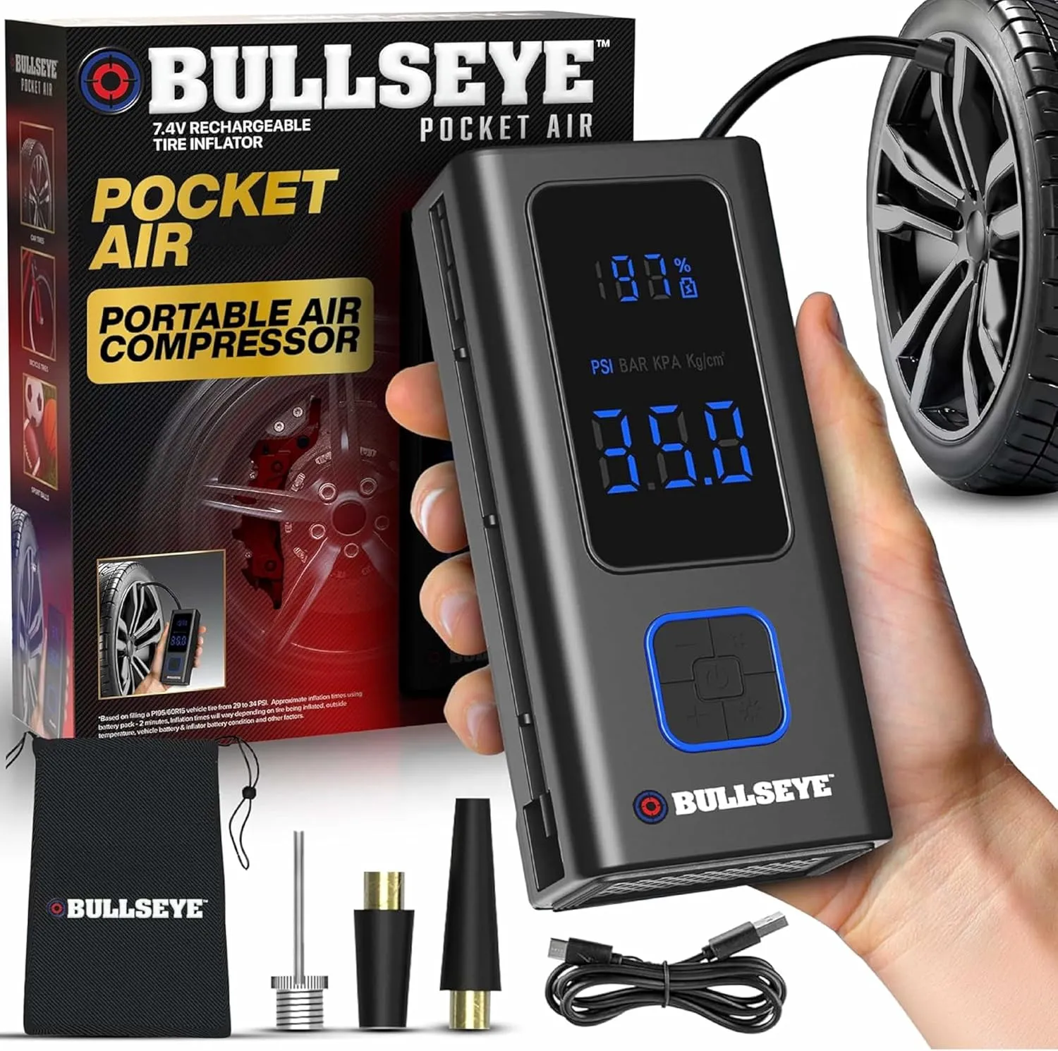 POCKET AIR Tire Inflator Portable Air Compressor by Bullseye Pro for Tires, Balls, Inflatables, Auto Shut Off, Inflates in 2 Min, Cordless Rechargeable 4000MAH,100 PSI, SoS Light for Emergencies