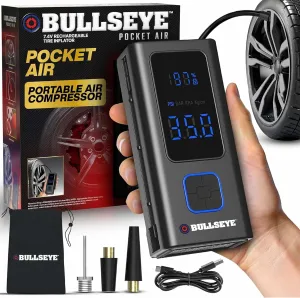 POCKET AIR Tire Inflator Portable Air Compressor by Bullseye Pro for Tires, Balls, Inflatables, Auto Shut Off, Inflates in 2 Min, Cordless Rechargeable 4000MAH,100 PSI, SoS Light for Emergencies