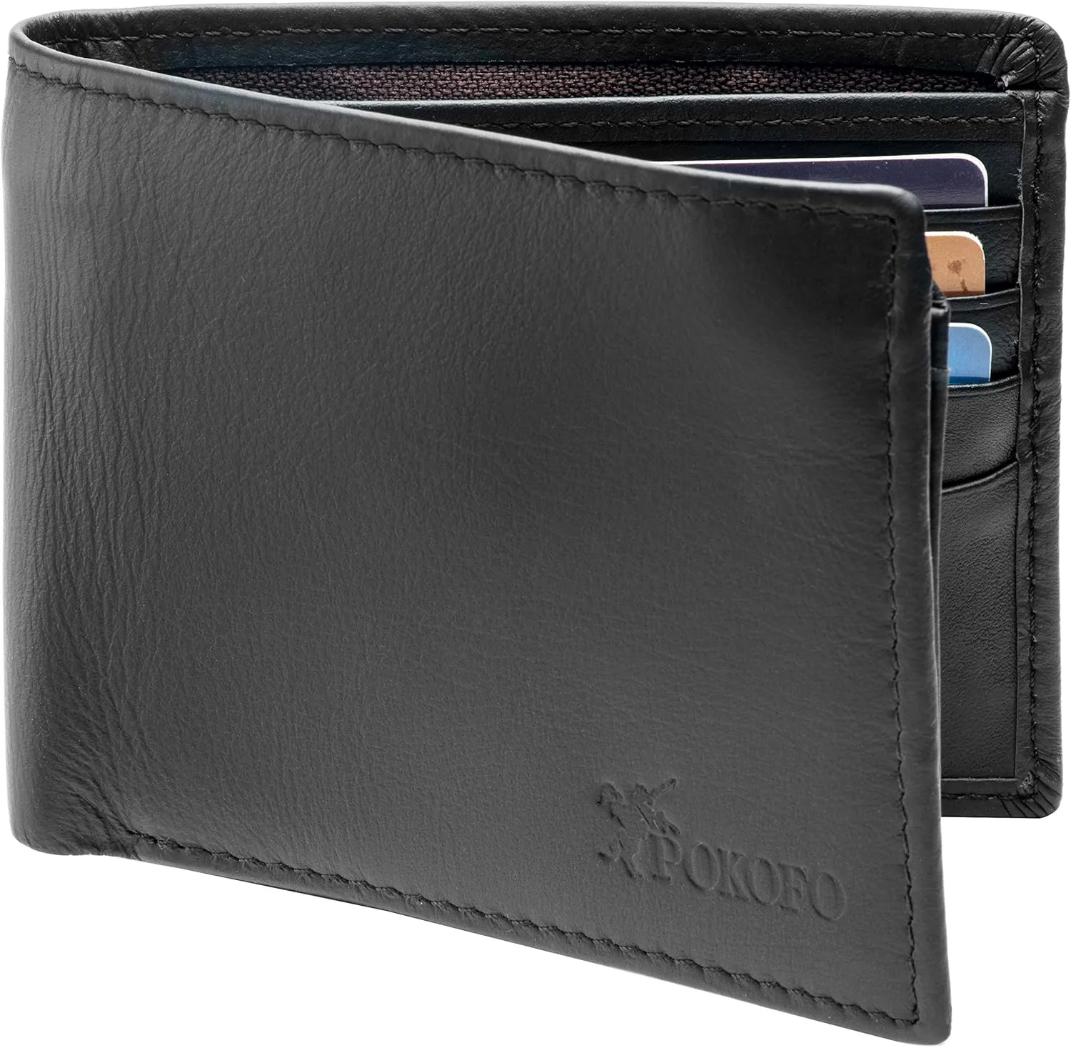 POKOFO RFID Blocking Genuine Leather Bifold Wallet for Men with Zipper and 2 ID Windows