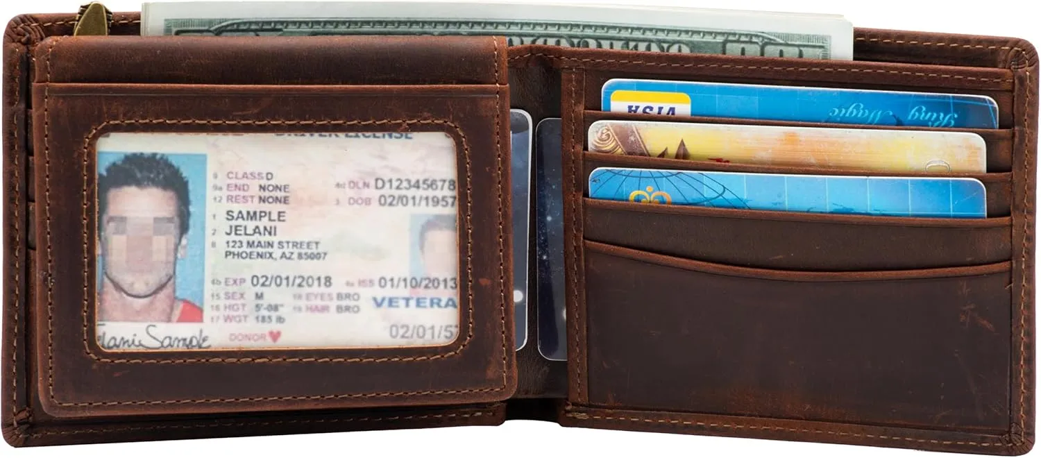 POKOFO RFID Blocking Genuine Leather Bifold Wallet for Men with Zipper and 2 ID Windows