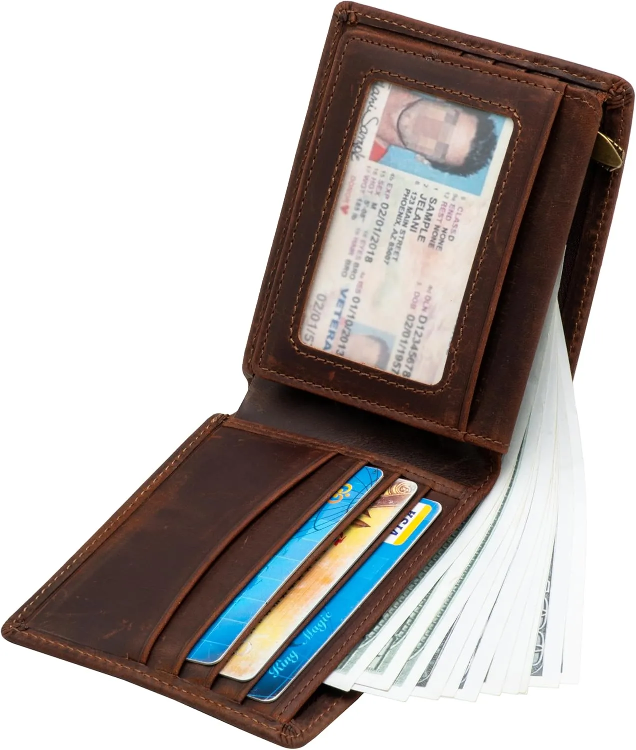 POKOFO RFID Blocking Genuine Leather Bifold Wallet for Men with Zipper and 2 ID Windows