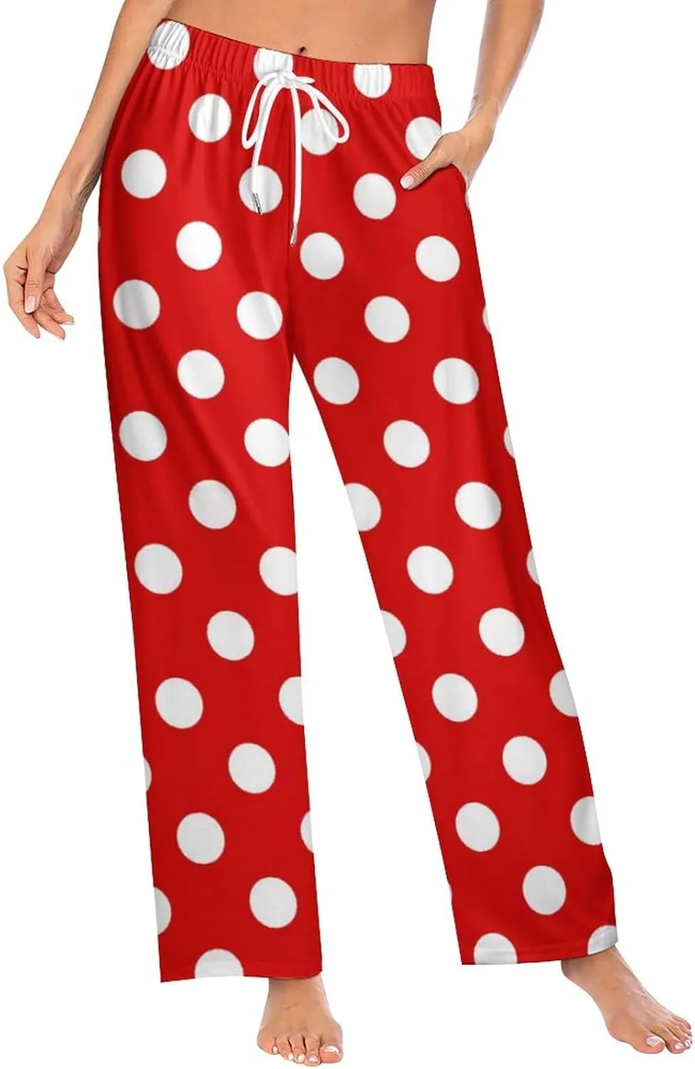 Polka Dots Pink Women Lounge Pants Comfy Pajama Bottom Drawstring Sleepwear Long Pajamas Pants