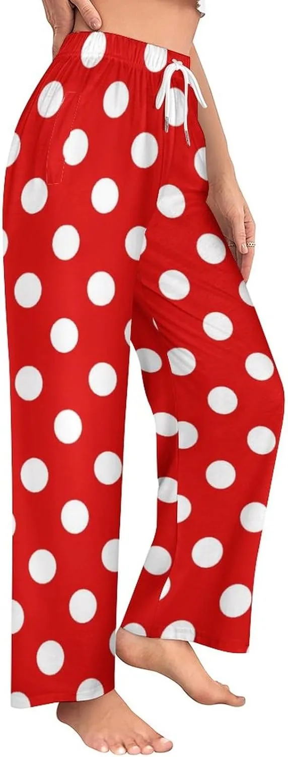 Polka Dots Pink Women Lounge Pants Comfy Pajama Bottom Drawstring Sleepwear Long Pajamas Pants