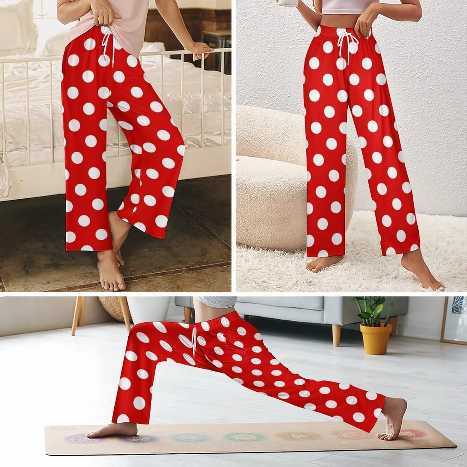 Polka Dots Pink Women Lounge Pants Comfy Pajama Bottom Drawstring Sleepwear Long Pajamas Pants