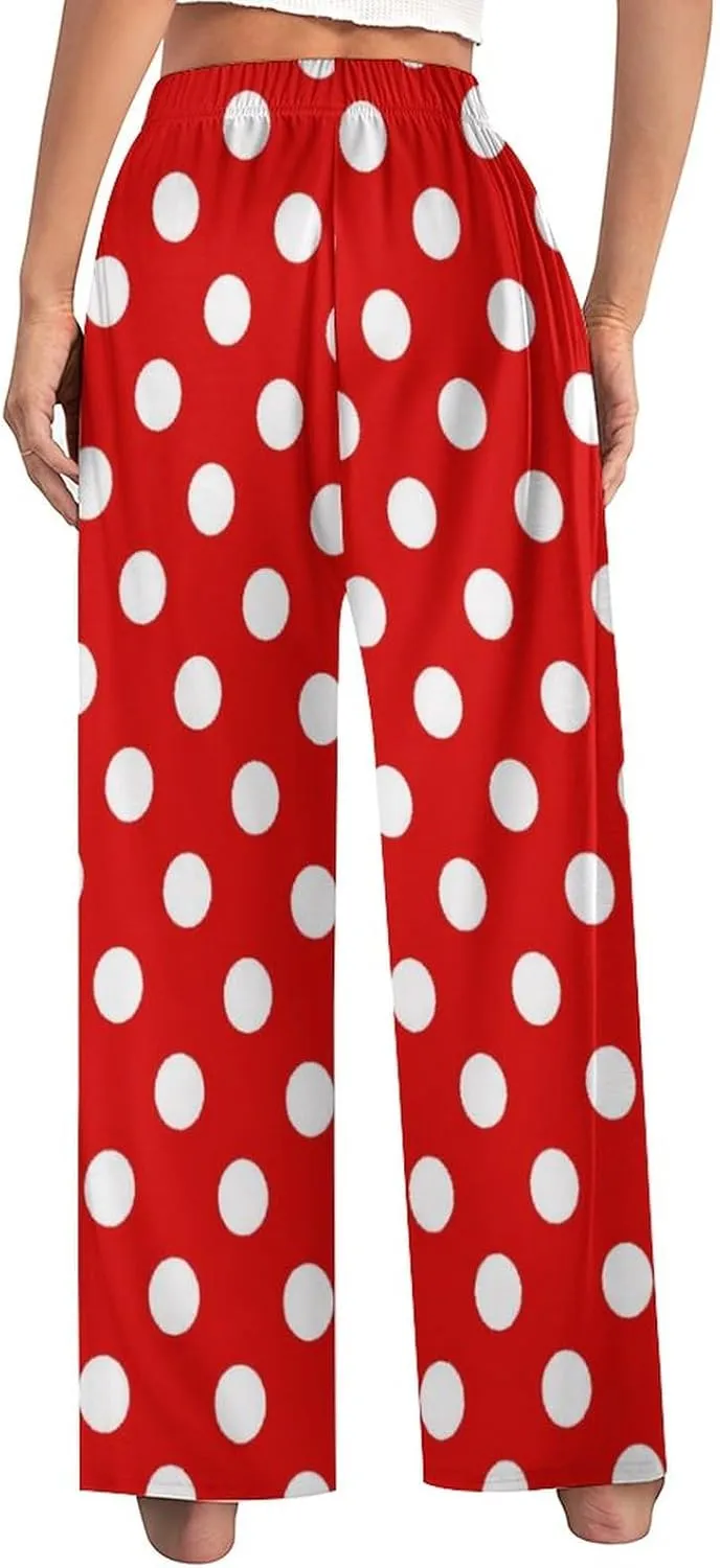 Polka Dots Pink Women Lounge Pants Comfy Pajama Bottom Drawstring Sleepwear Long Pajamas Pants