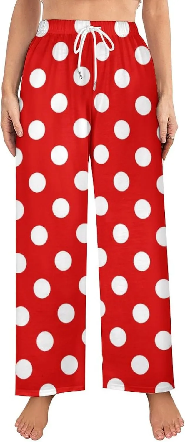 Polka Dots Pink Women Lounge Pants Comfy Pajama Bottom Drawstring Sleepwear Long Pajamas Pants