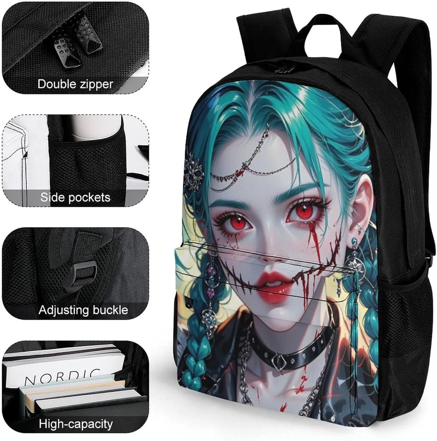 Polyester Daypack for Hiking Work Running - Big Capacity Anti-Theft Multipurpose Shoulder Bag, Beautiful Gothic Woman Neon Art Travel and Sport Backpack Rucksack