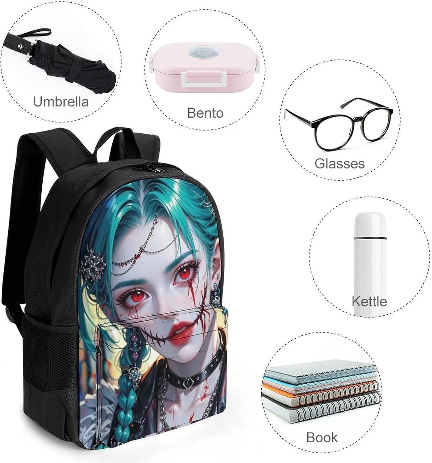 Polyester Daypack for Hiking Work Running - Big Capacity Anti-Theft Multipurpose Shoulder Bag, Beautiful Gothic Woman Neon Art Travel and Sport Backpack Rucksack