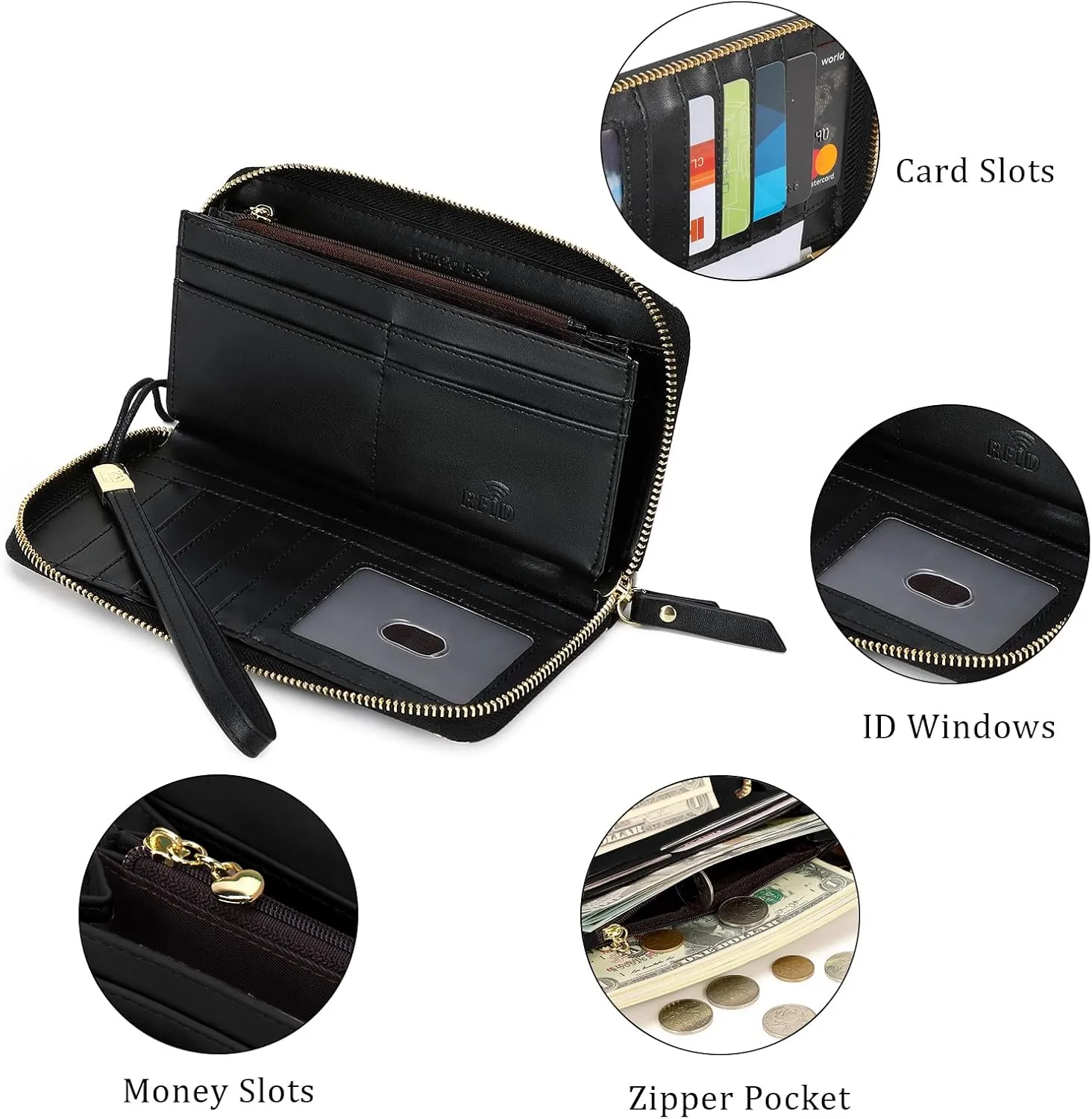Pomelo Best Womens Wallet RFID Blocking Leather Multi Credit Card Large Capacity Zip Around Wallets Clutch Wristlet Travel Long Purse for Women Black