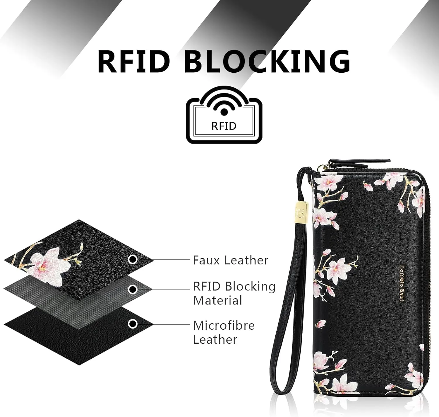 Pomelo Best Womens Wallet RFID Blocking Leather Multi Credit Card Large Capacity Zip Around Wallets Clutch Wristlet Travel Long Purse for Women Black