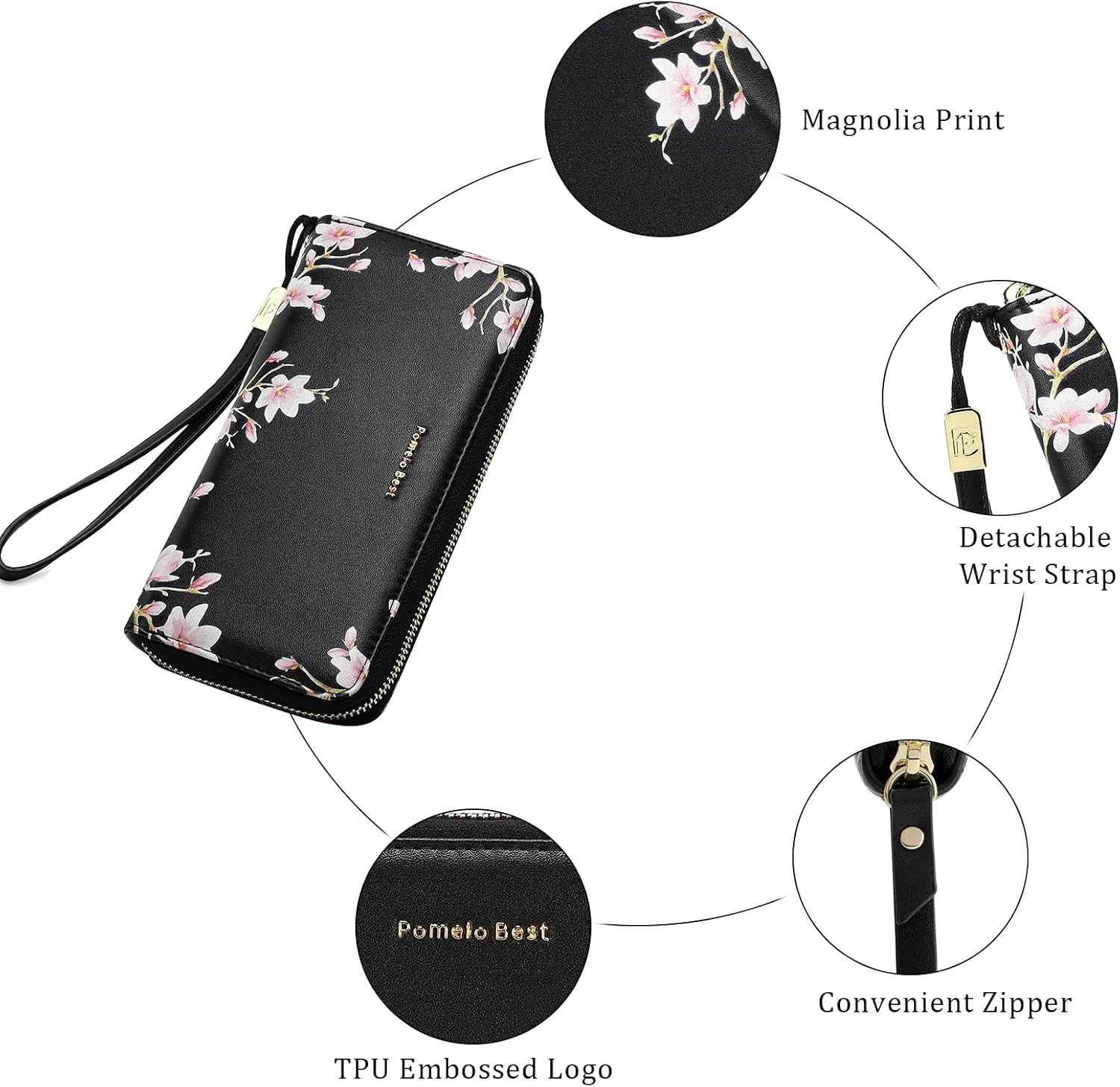 Pomelo Best Womens Wallet RFID Blocking Leather Multi Credit Card Large Capacity Zip Around Wallets Clutch Wristlet Travel Long Purse for Women Black
