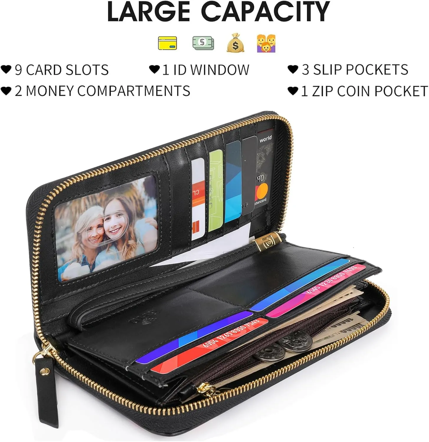 Pomelo Best Womens Wallet RFID Blocking Leather Multi Credit Card Large Capacity Zip Around Wallets Clutch Wristlet Travel Long Purse for Women Black