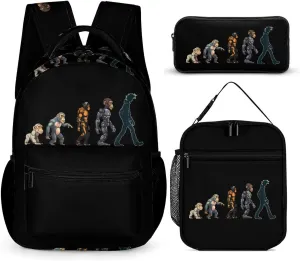 Prehistoric Ape Robot to Man Evolution 3 Pcs Backpack Set with Lunch Bag Pencil Box Travel Bag Laptop Backpack Set for Women Men