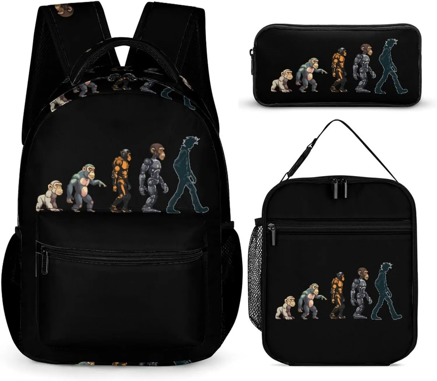 Prehistoric Ape Robot to Man Evolution 3 Pcs Backpack Set with Lunch Bag Pencil Box Travel Bag Laptop Backpack Set for Women Men