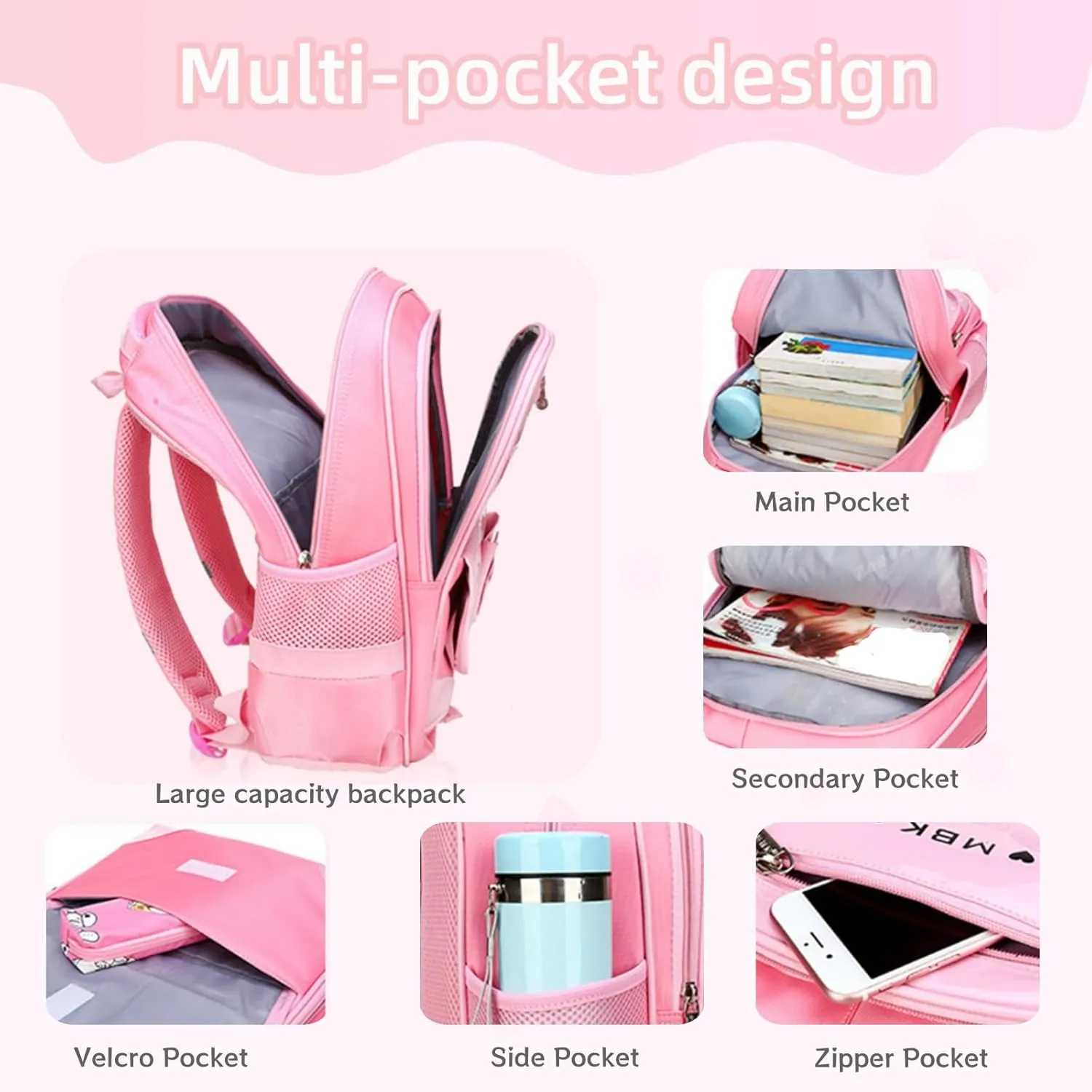Princess Bow Girls Backpack Elementary School Bag Kids School Travel Bag