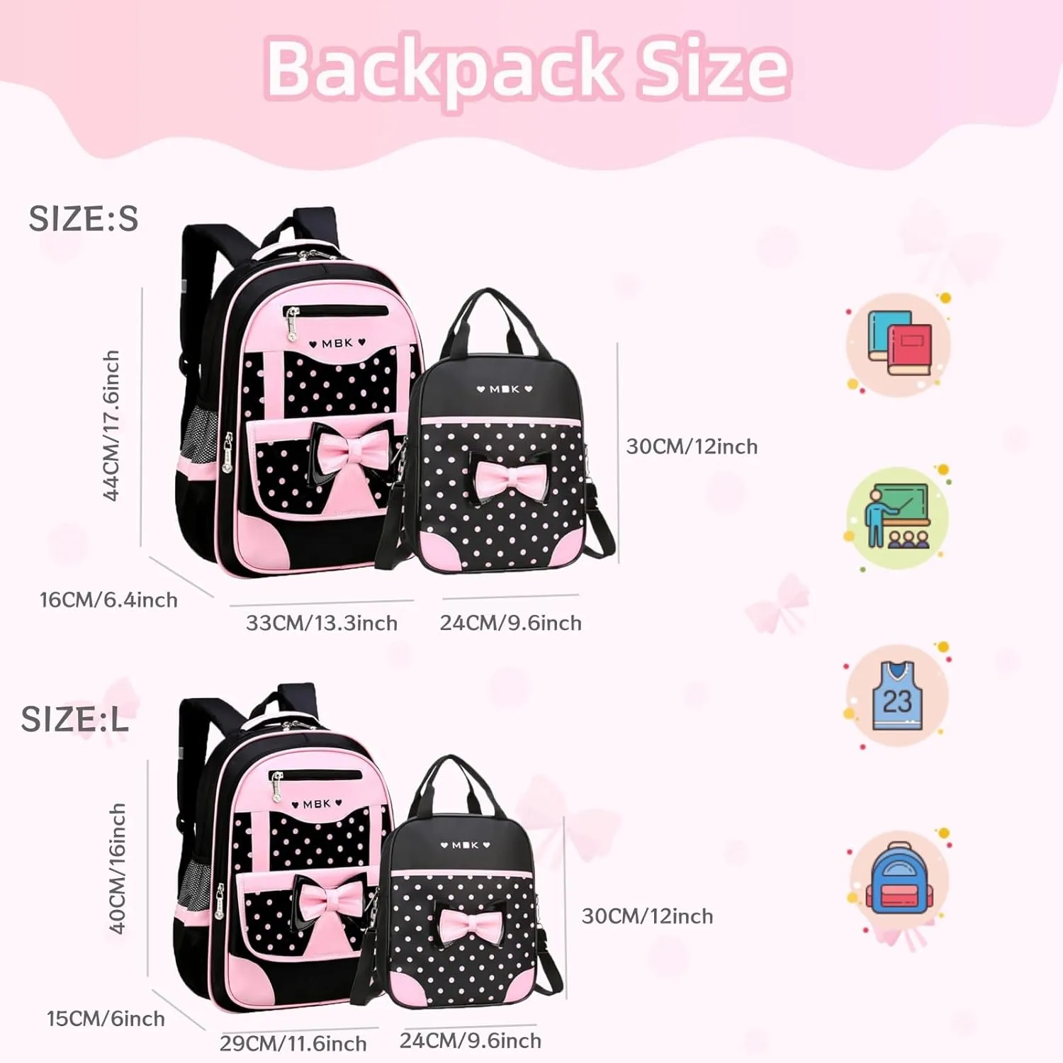 Princess Bow Girls Backpack Elementary School Bag Kids School Travel Bag