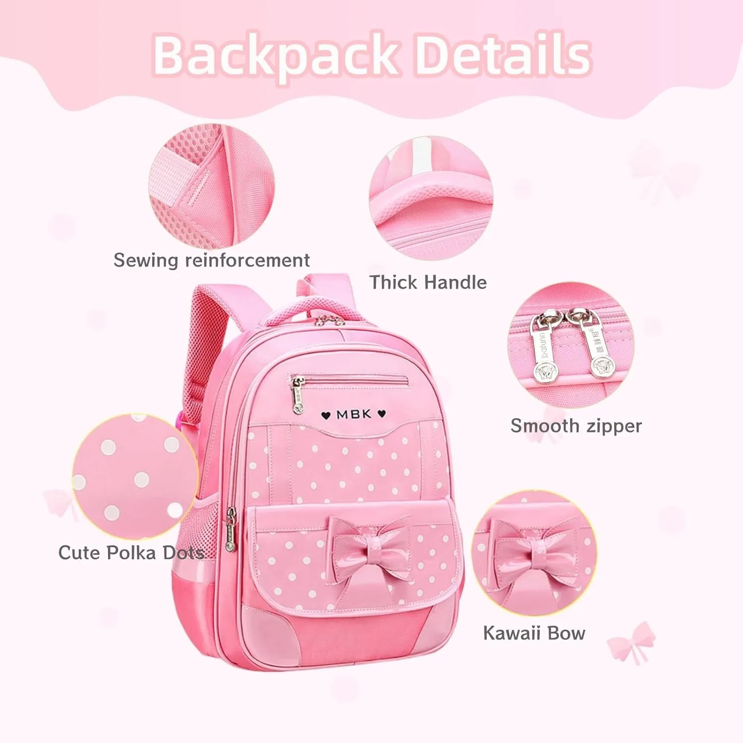 Princess Bow Girls Backpack Elementary School Bag Kids School Travel Bag