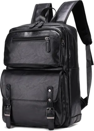 PU Casual Backpack Men's casual Leather laptop backpack Daily commuter leather backpack College backpack (Black)