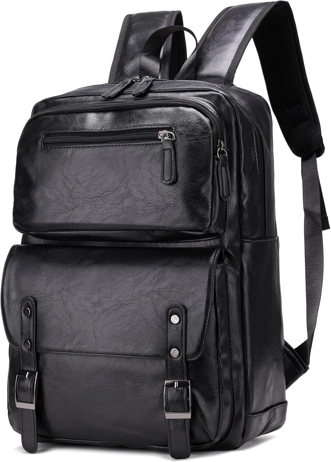 PU Casual Backpack Men's casual Leather laptop backpack Daily commuter leather backpack College backpack (Black)