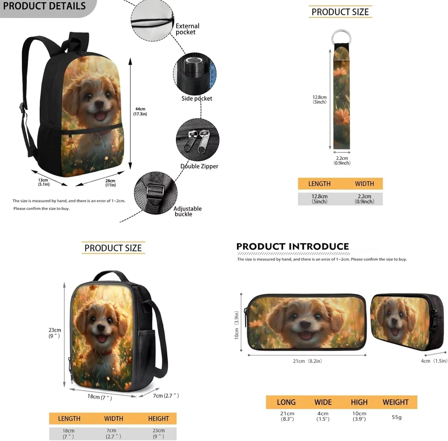 Puppy Backpack for Kids Ages 8-12 Kawaii Girls Bookbag Lunchbox Set 4 Piece Kids Backpack for Girls Elementary Kindergarten Preschool School Bag