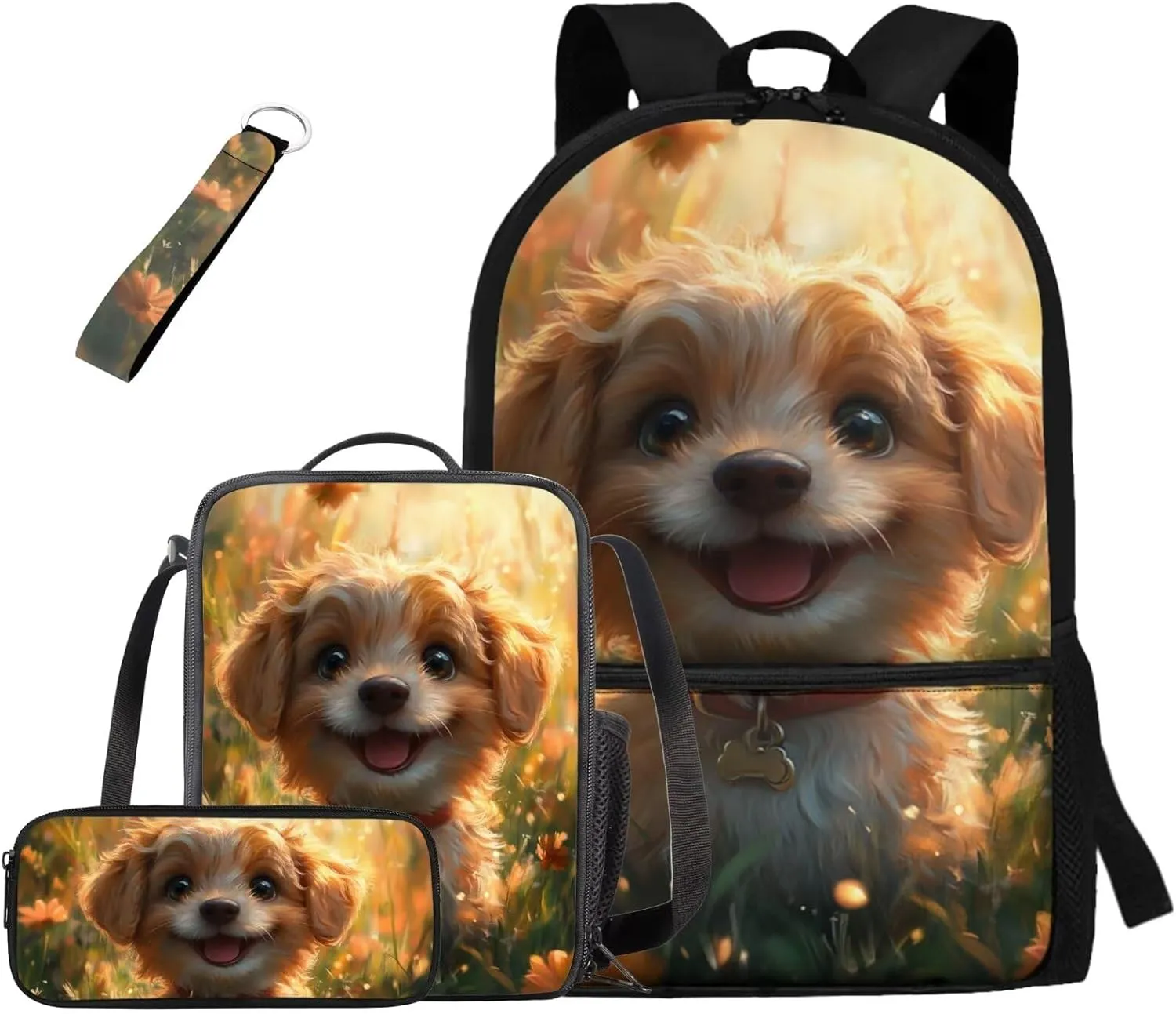 Puppy Backpack for Kids Ages 8-12 Kawaii Girls Bookbag Lunchbox Set 4 Piece Kids Backpack for Girls Elementary Kindergarten Preschool School Bag