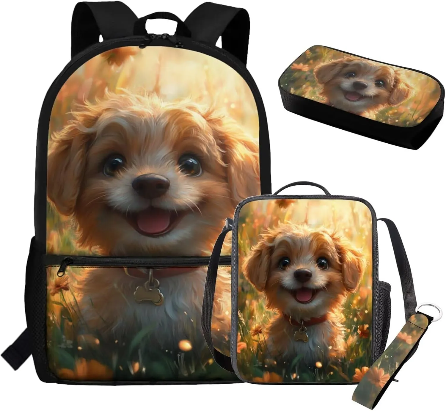 Puppy Backpack for Kids Ages 8-12 Kawaii Girls Bookbag Lunchbox Set 4 Piece Kids Backpack for Girls Elementary Kindergarten Preschool School Bag