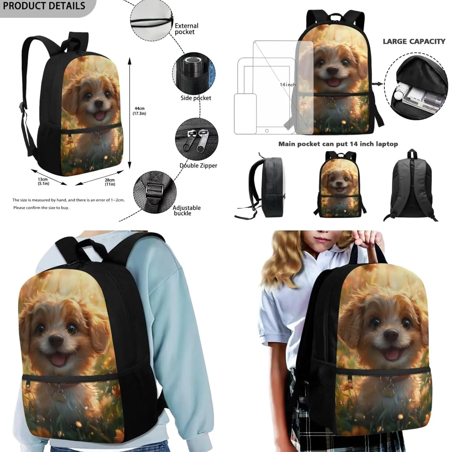 Puppy Backpack for Kids Ages 8-12 Kawaii Girls Bookbag Lunchbox Set 4 Piece Kids Backpack for Girls Elementary Kindergarten Preschool School Bag