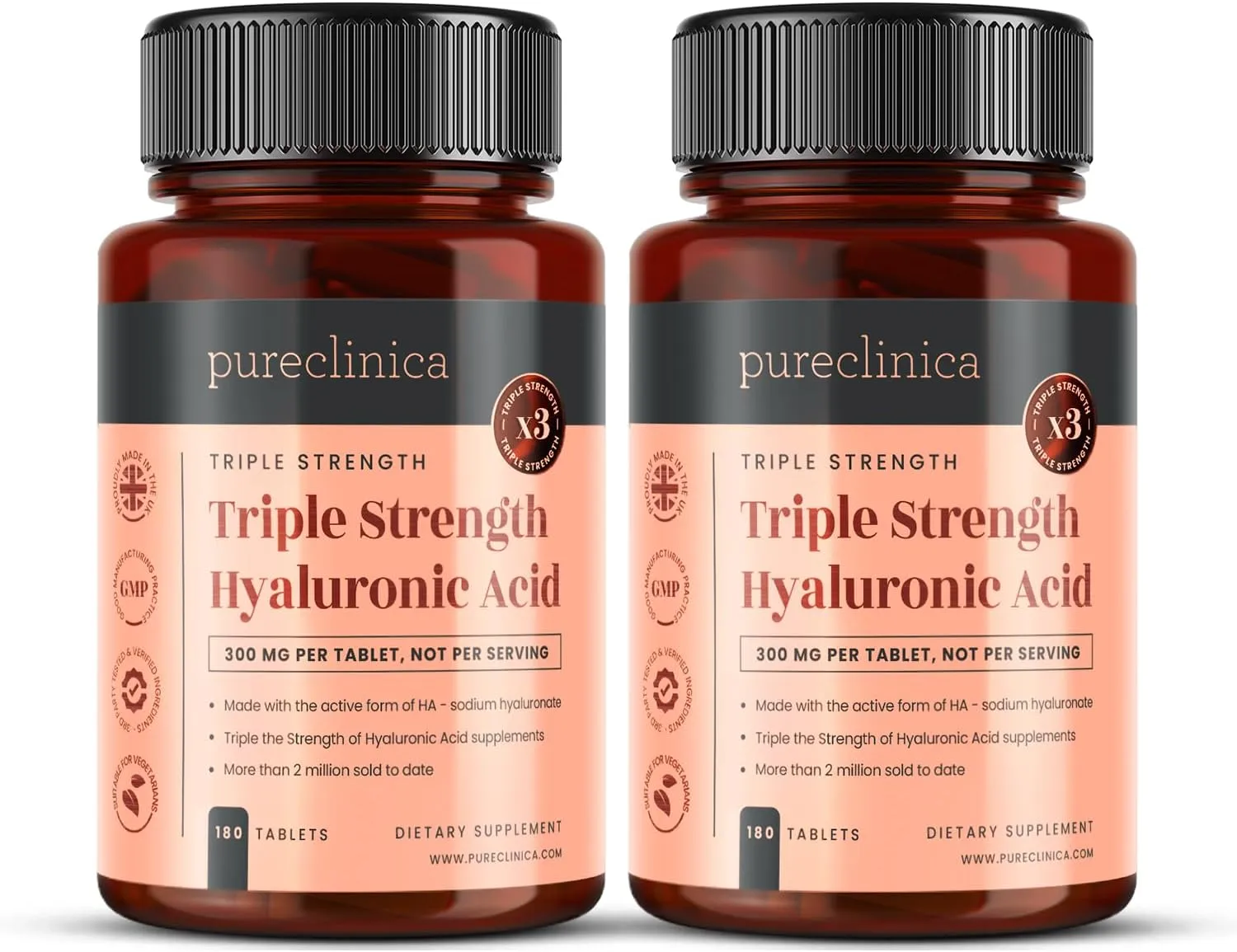 pureclinica Hyaluronic Acid 300mg x 360 Tablets (2 Bottles of 180-12 Months Supply). Triple Strength Hyaluronic Acid. 300% Stronger Than Any Other HLA Tablet.