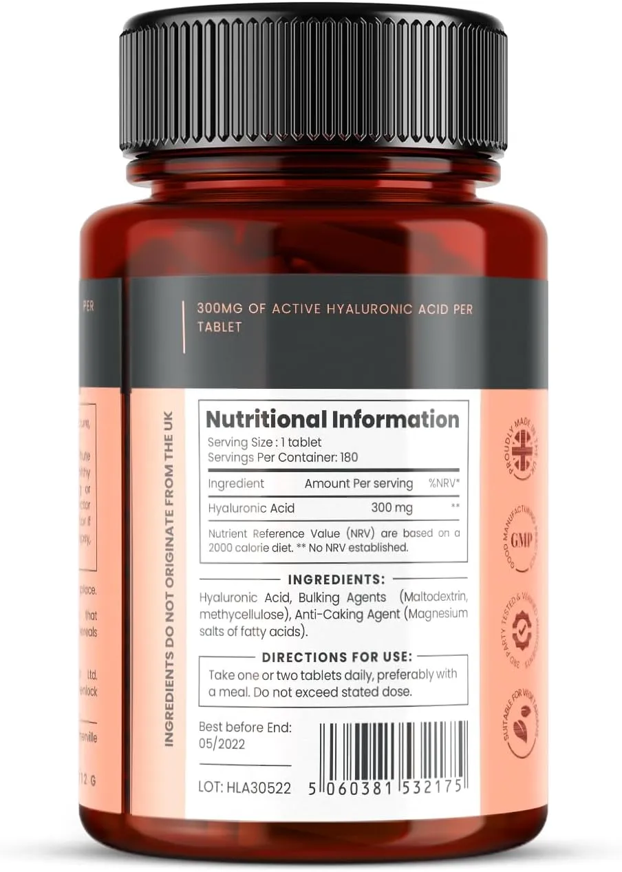 pureclinica Hyaluronic Acid 300mg x 360 Tablets (2 Bottles of 180-12 Months Supply). Triple Strength Hyaluronic Acid. 300% Stronger Than Any Other HLA Tablet.