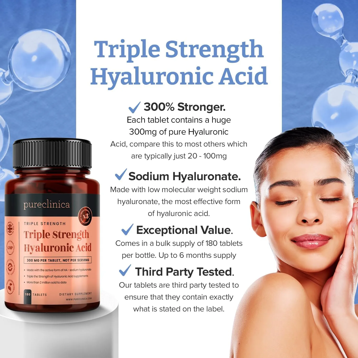 pureclinica Hyaluronic Acid 300mg x 360 Tablets (2 Bottles of 180-12 Months Supply). Triple Strength Hyaluronic Acid. 300% Stronger Than Any Other HLA Tablet.