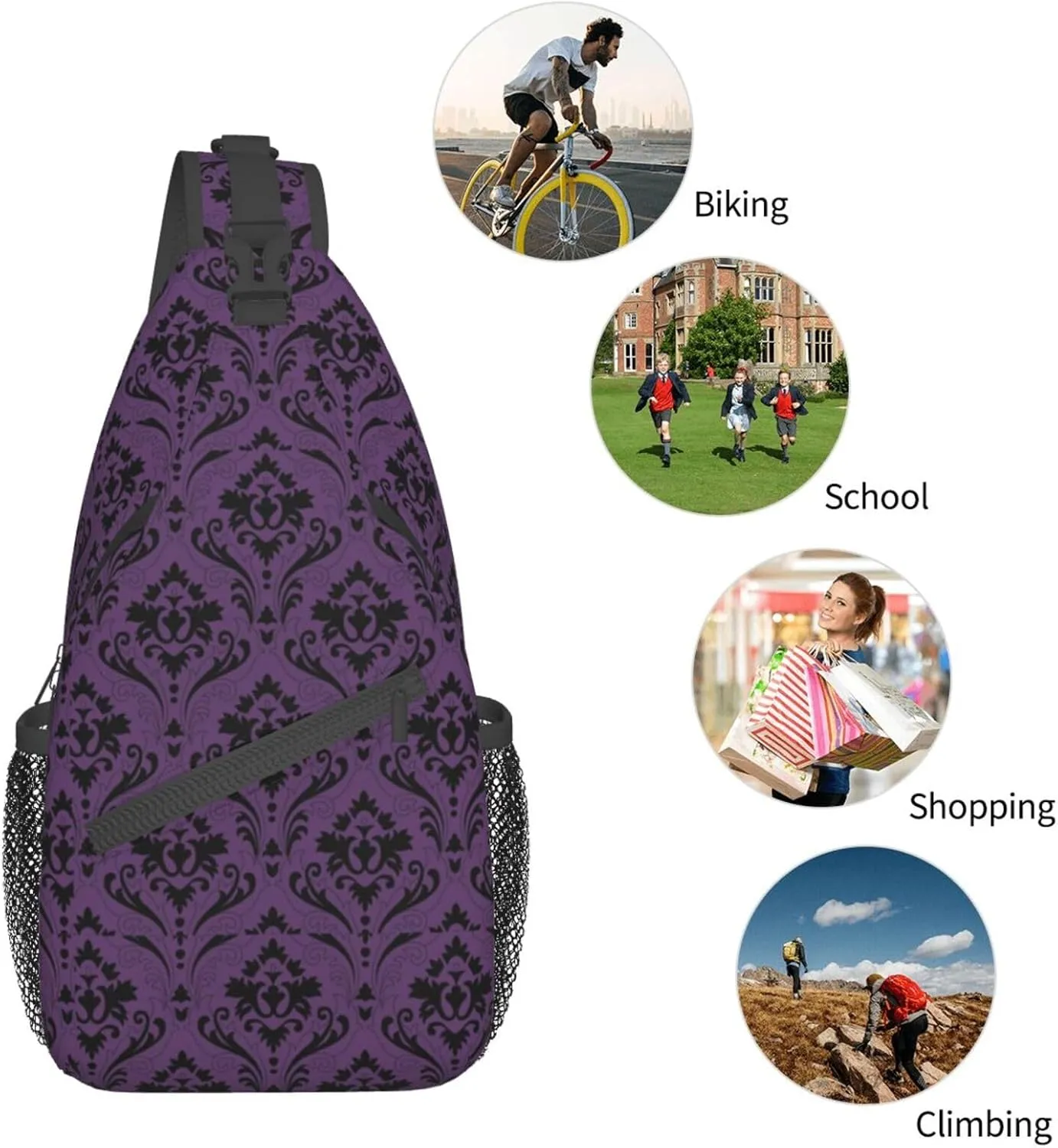 Purple Ornament Pattern Sling Backpack Chest Bag Crossbody Shoulder Bag Gym Cycling Travel Hiking Daypack For Men Women