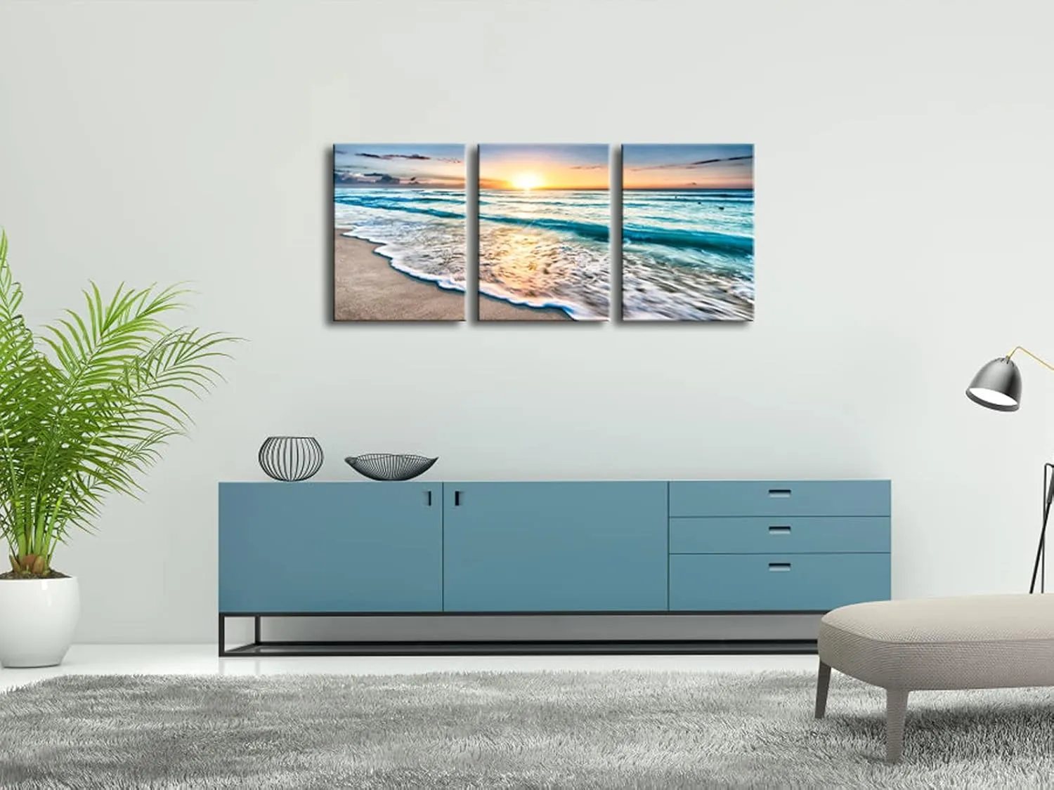 Pyradecor 3 Panels Blue Beach Sunrise White Wave Pictures Painting on Canvas Wall Art Modern Stretched Seascape Canvas Prints Seaview Landscape Artwork for Home Office Decorations