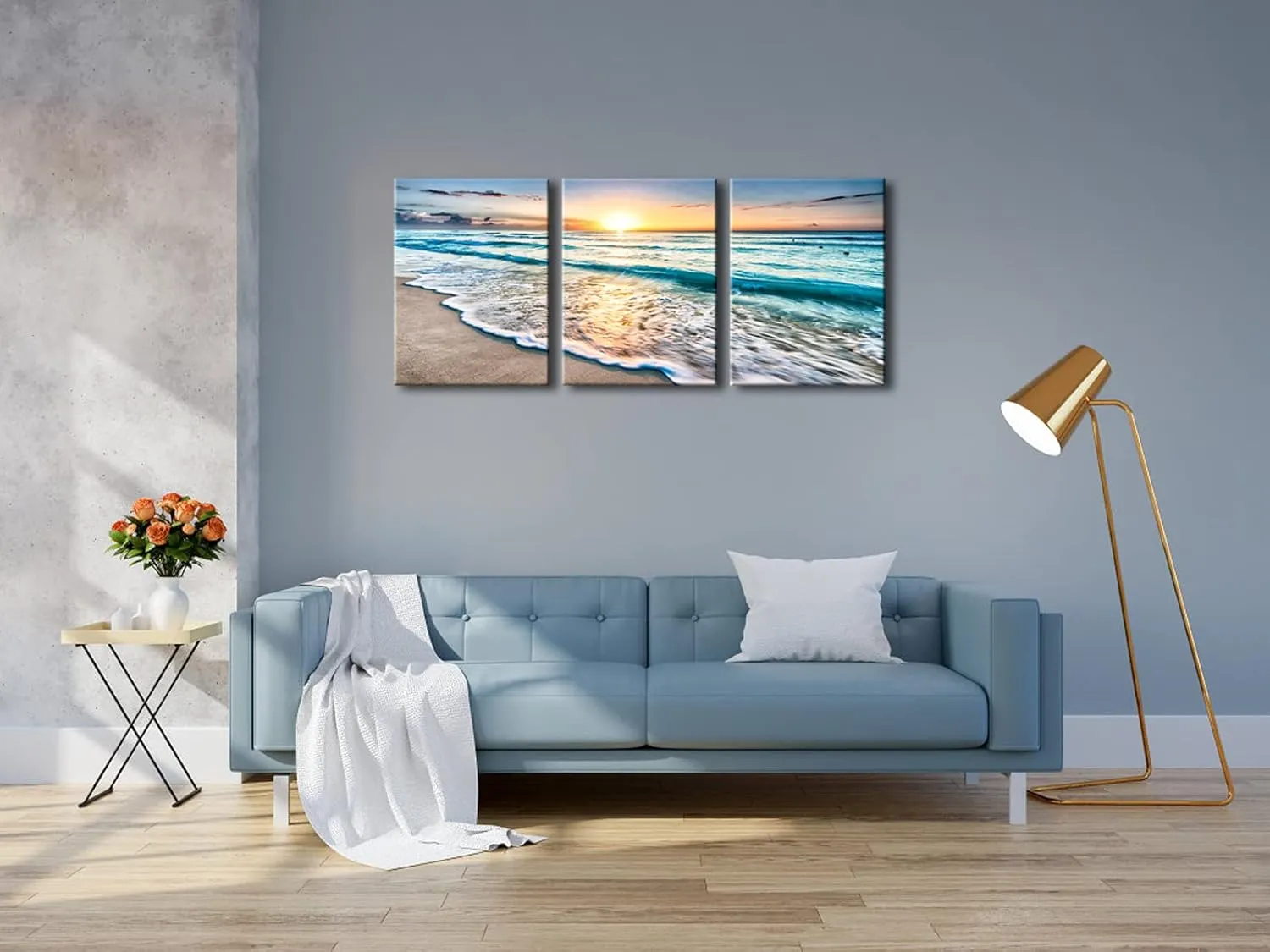 Pyradecor 3 Panels Blue Beach Sunrise White Wave Pictures Painting on Canvas Wall Art Modern Stretched Seascape Canvas Prints Seaview Landscape Artwork for Home Office Decorations