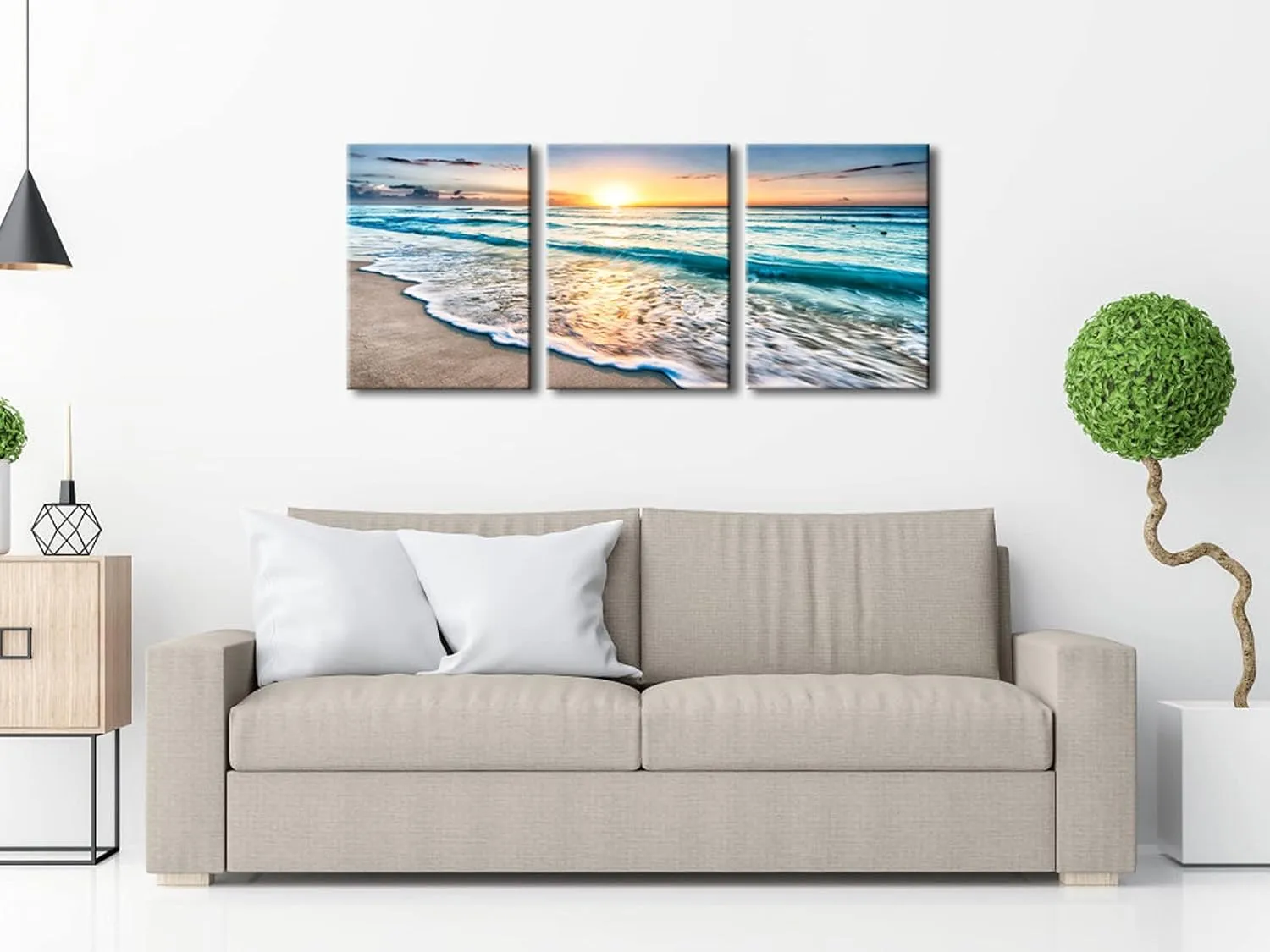 Pyradecor 3 Panels Blue Beach Sunrise White Wave Pictures Painting on Canvas Wall Art Modern Stretched Seascape Canvas Prints Seaview Landscape Artwork for Home Office Decorations
