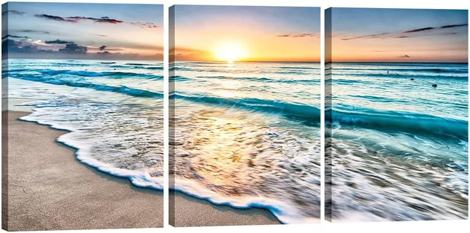 Pyradecor 3 Panels Blue Beach Sunrise White Wave Pictures Painting on Canvas Wall Art Modern Stretched Seascape Canvas Prints Seaview Landscape Artwork for Home Office Decorations