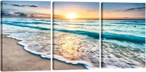 Pyradecor 3 Panels Blue Beach Sunrise White Wave Pictures Painting on Canvas Wall Art Modern Stretched Seascape Canvas Prints Seaview Landscape Artwork for Home Office Decorations