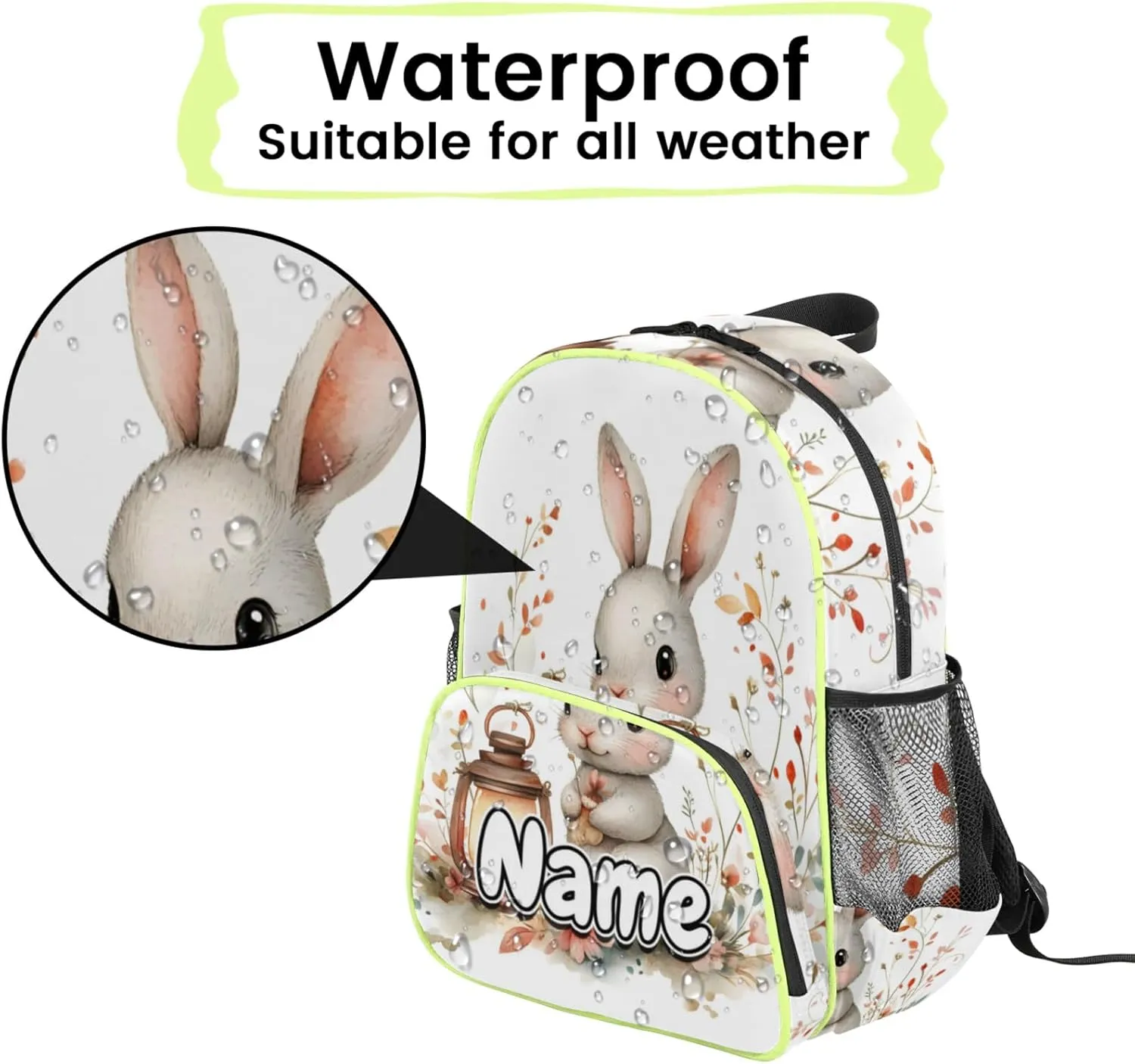 Rabbit Lantern Custom Backpack with Name Cute Personalized Small Shoulder Bag Waterproof Travel Casual Backpack with Chest Strap 14.2in