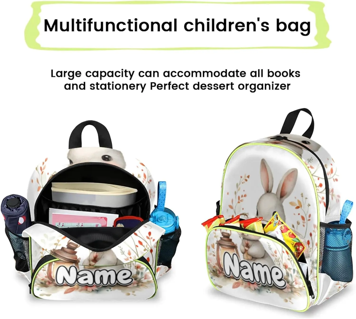 Rabbit Lantern Custom Backpack with Name Cute Personalized Small Shoulder Bag Waterproof Travel Casual Backpack with Chest Strap 14.2in