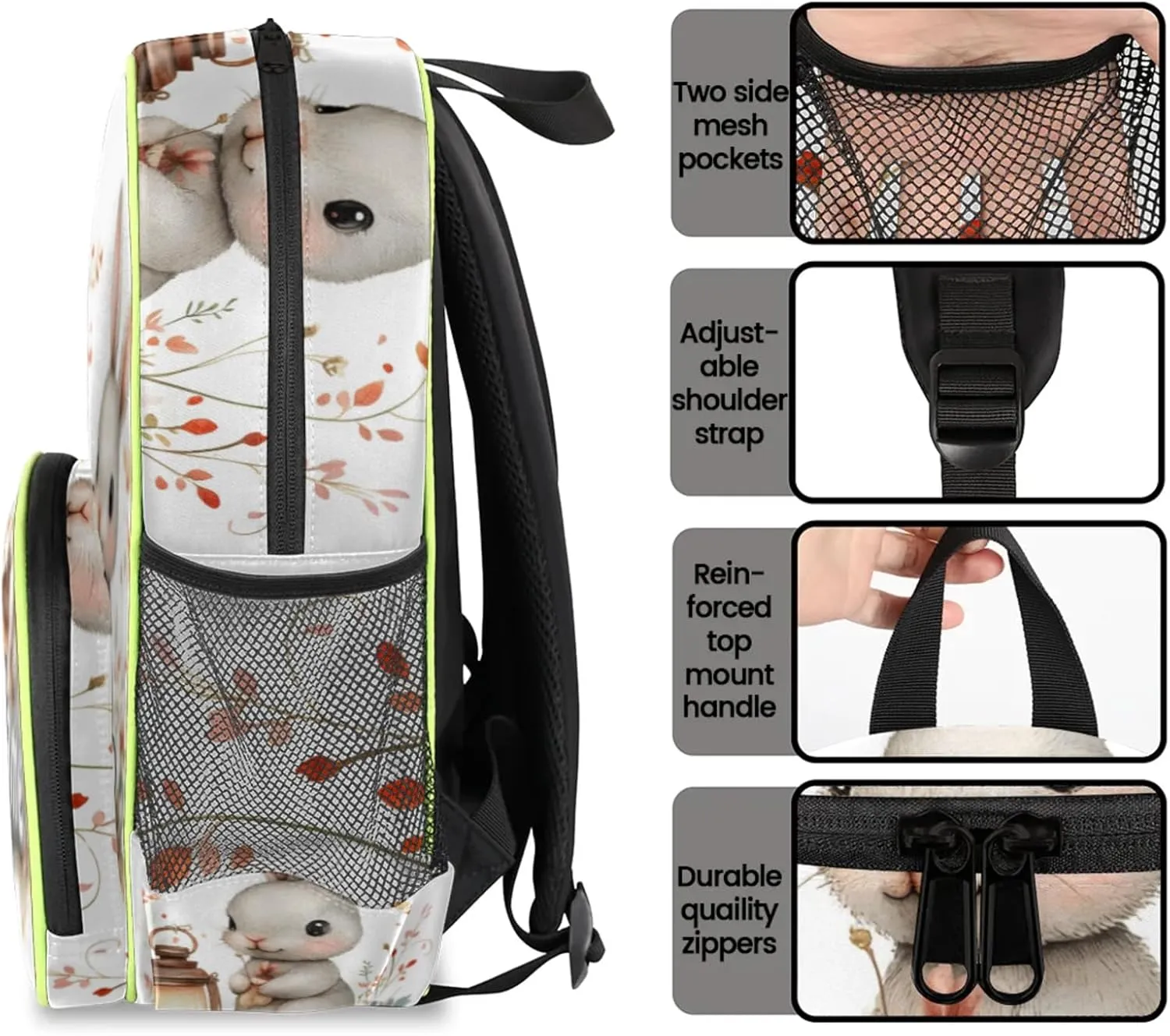 Rabbit Lantern Custom Backpack with Name Cute Personalized Small Shoulder Bag Waterproof Travel Casual Backpack with Chest Strap 14.2in