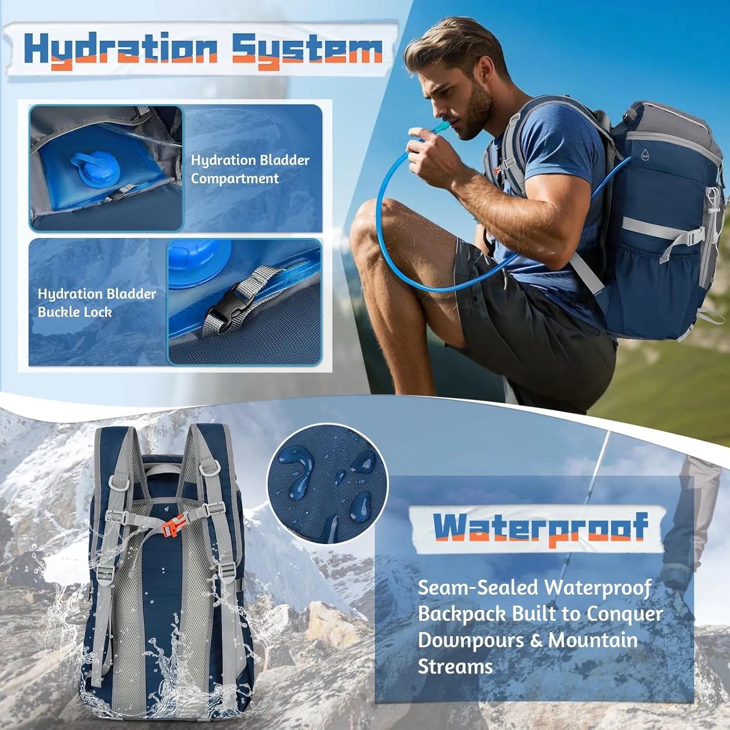 RAINSMORE Foldable Hiking Backpack for Women Men Packable Camping Backpack 40L Waterproof Hiking Daypack Bag Lightweight Collapsible Daypack for Travel Trekking Mountaineering Large Capacity Blue