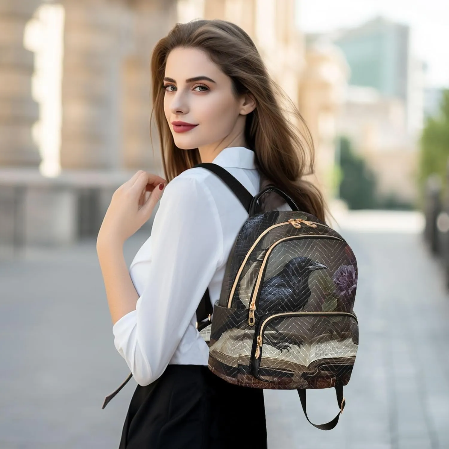 Raven Flowers Women Backpack for Travel Daypack Aesthetic Shoulder Bag Purse Small Size