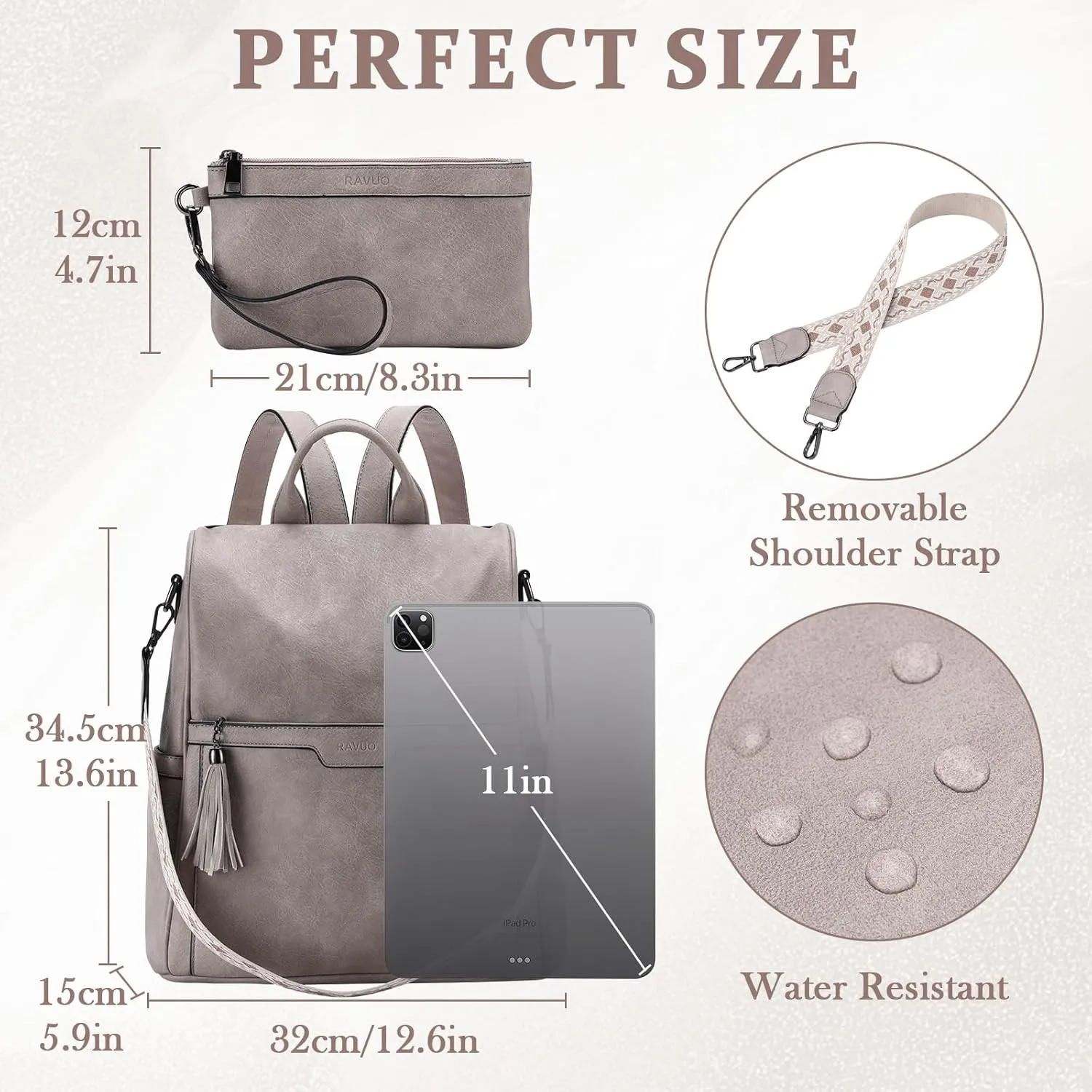 RAVUO Backpack Purse for Women, Fashion Anti Theft Leather Purse Convertible Ladies Shoulder Bag Handbag with Guitar Shoulder Strap,Grey