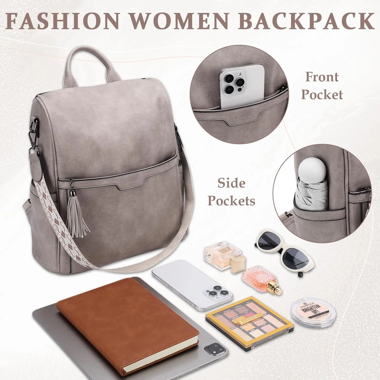 RAVUO Backpack Purse for Women, Fashion Anti Theft Leather Purse Convertible Ladies Shoulder Bag Handbag with Guitar Shoulder Strap,Grey