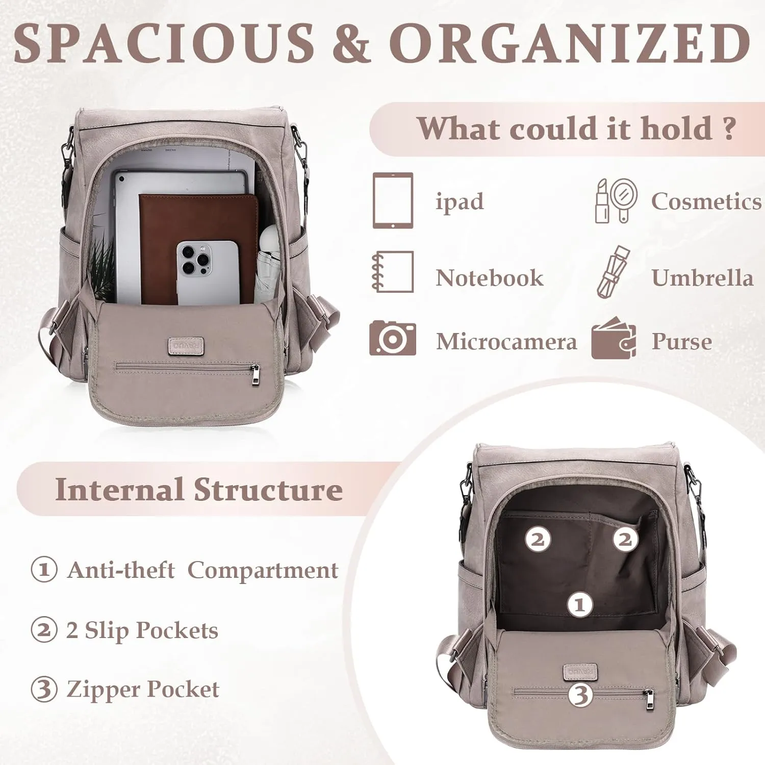 RAVUO Backpack Purse for Women, Fashion Anti Theft Leather Purse Convertible Ladies Shoulder Bag Handbag with Guitar Shoulder Strap,Grey