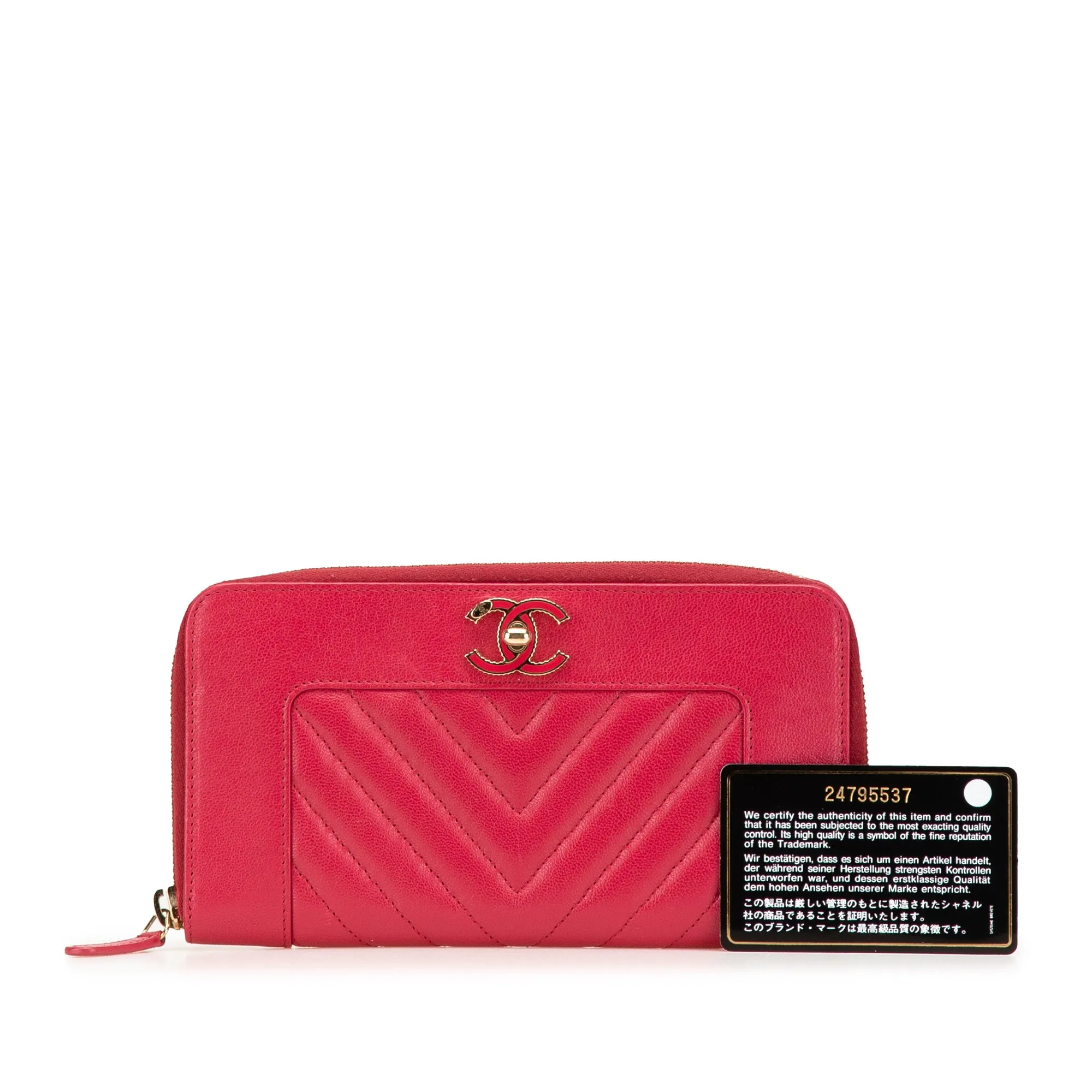 Red Chanel Chevron Sheepskin Mademoiselle Zip Around Wallet
