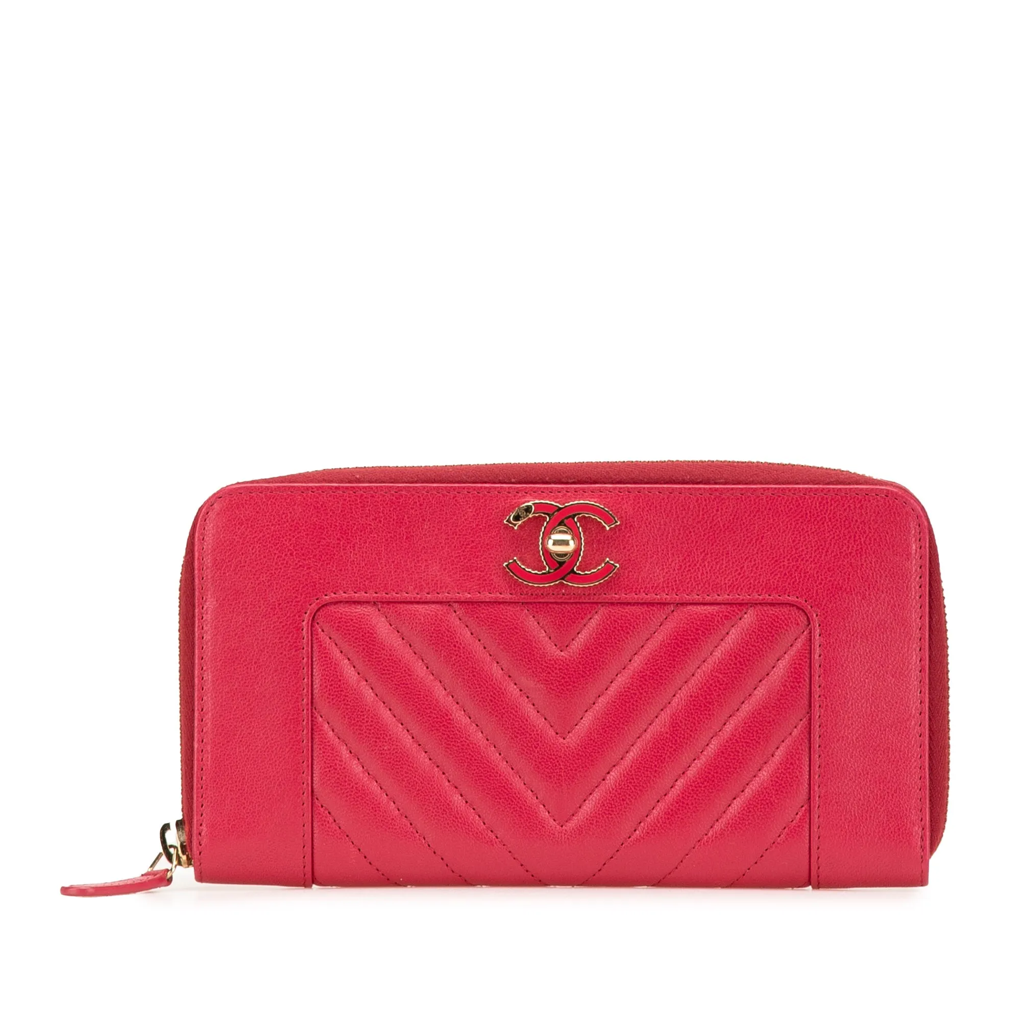 Red Chanel Chevron Sheepskin Mademoiselle Zip Around Wallet