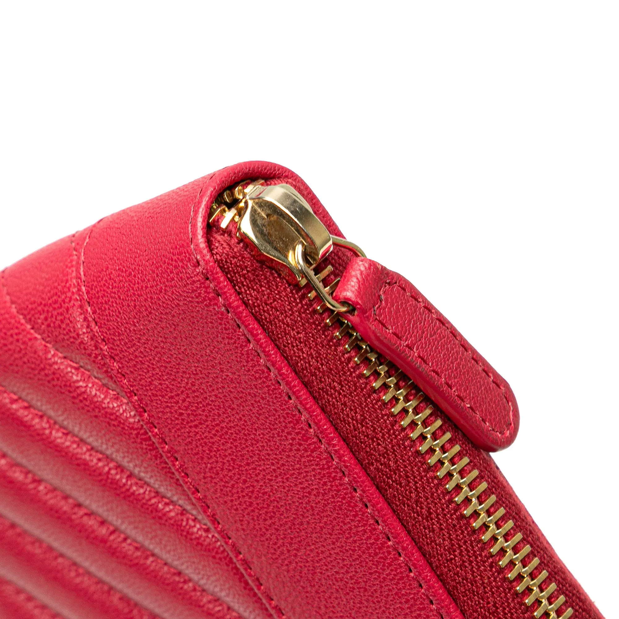 Red Chanel Chevron Sheepskin Mademoiselle Zip Around Wallet