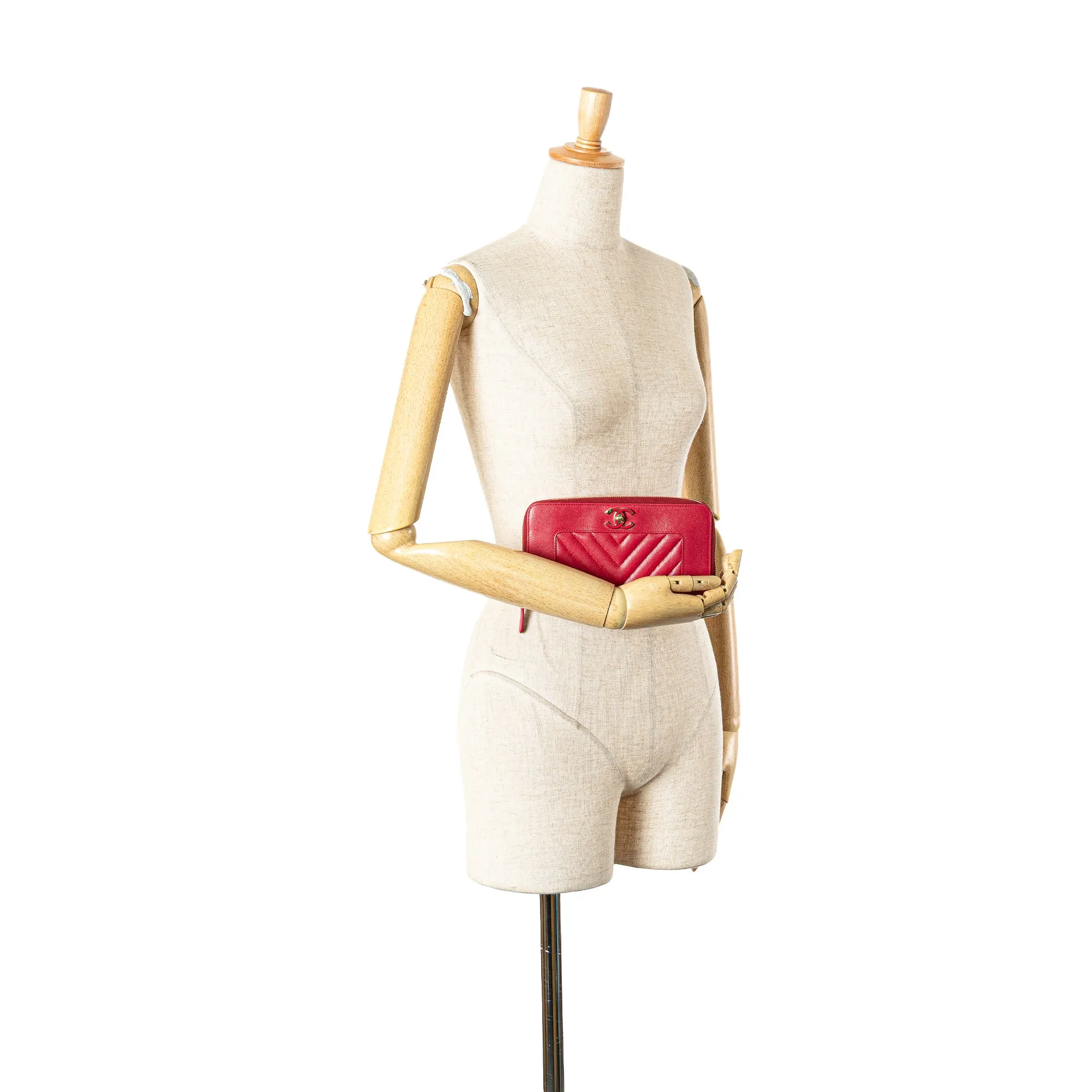 Red Chanel Chevron Sheepskin Mademoiselle Zip Around Wallet