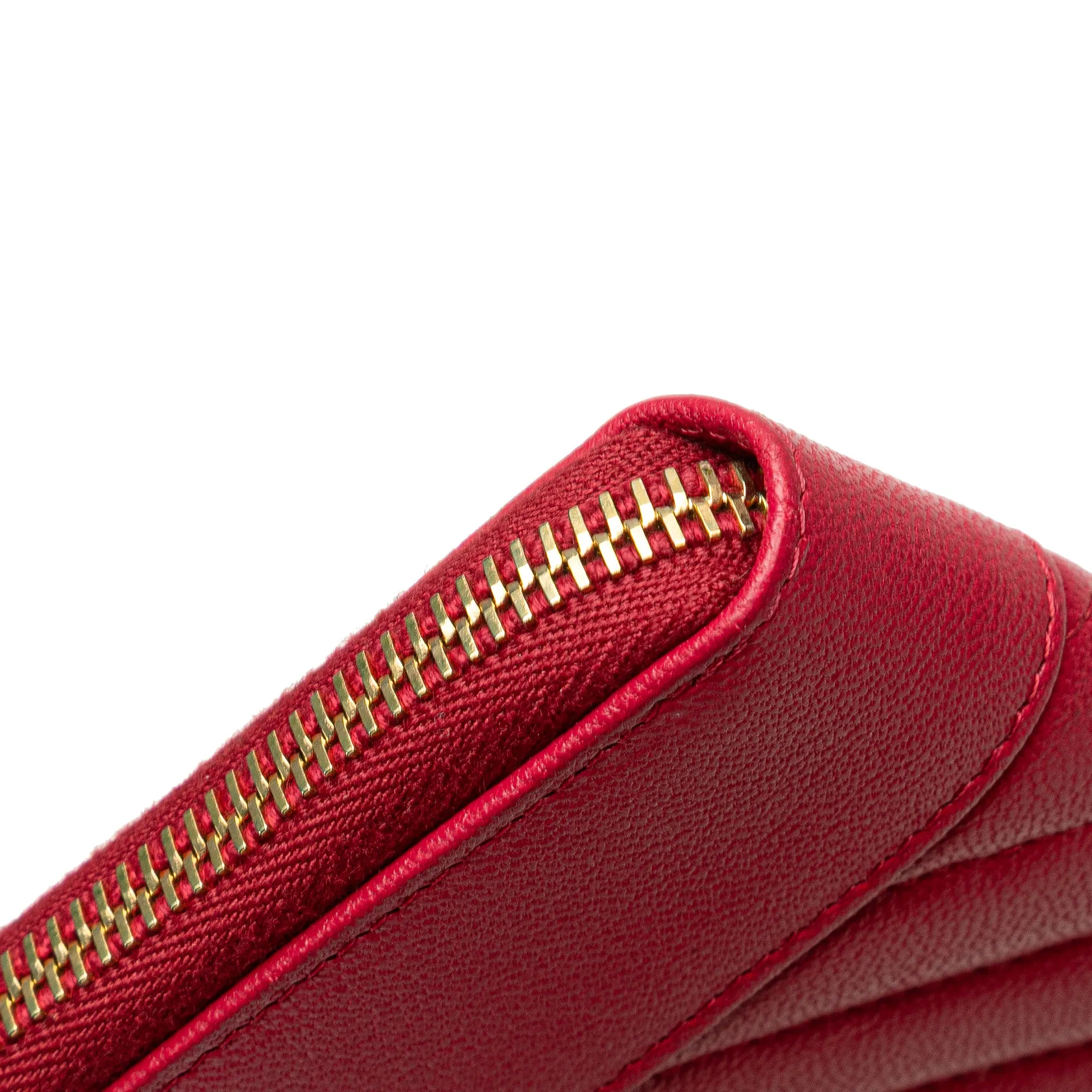 Red Chanel Chevron Sheepskin Mademoiselle Zip Around Wallet